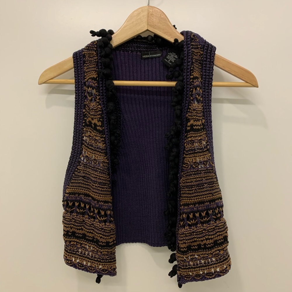 Moda International knit vest with pom poms - size S - purple, gold, black